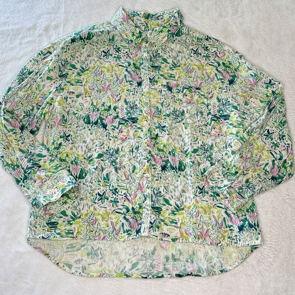 Cynthia Rowley L Floral Botanical Button Front Shirt Green Pink Cottagecore